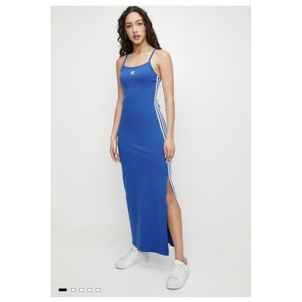 Adidas Adicolor Womens Maxi Dress Blue 3S Tank Stretch Sports White Stripes Sz L